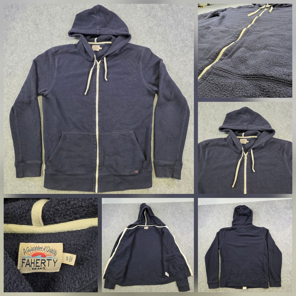 Faherty Hoodie Mens Small Navy Blue Full Zip Fleece Sweatshirt Terry Pockets